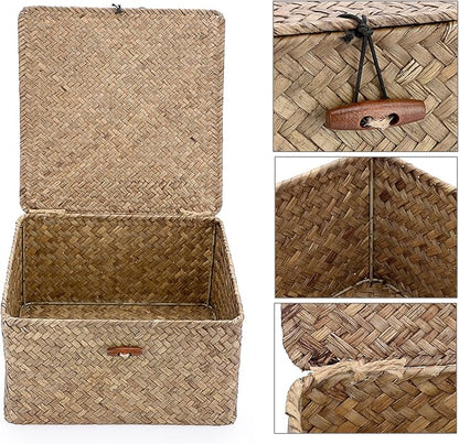 Hipiwe Wicker Shelf Baskets Bin with Lid Handwoven Seagrass Storage Basket Container Square Multipurpose Household Basket Boxes for Shelves and Home Organizer, Coffee Large