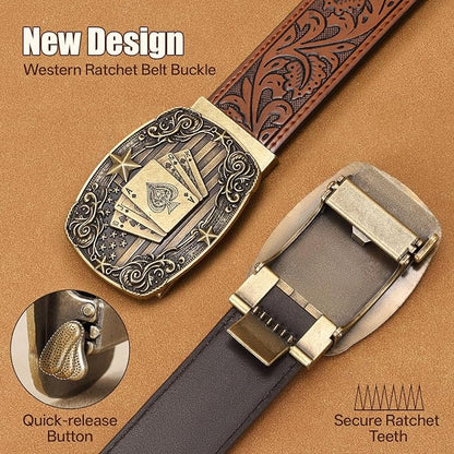 Cowboy Western Ratchet Belt for Men Women with Automatic Western Buckle, Ratchet Cowboy Leather Belt for Jeans Gifts