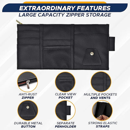 EcoNour Car Sun Visor Organizer (Black) | Multi-Pocket Net Zipper Case for Cash, Card, Pen & Sunglass | Visor Organizer Storage Pouch | Interior Accessories with Pocket for Car & Truck | Small