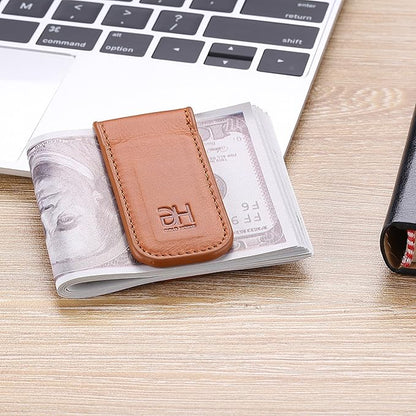 GH GOLD HORSE Slim Magnetic Money Clip Genuine Leather Business Card Holder for Men (Brown)