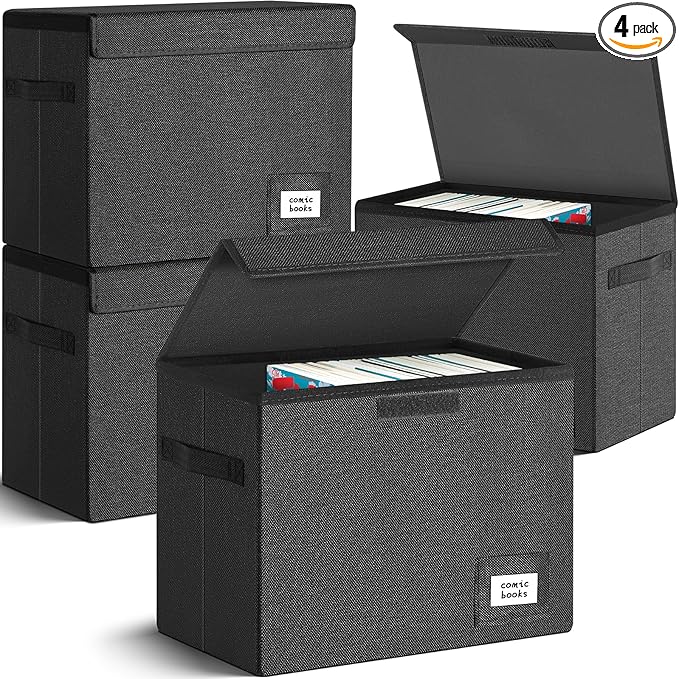 Leffis 4 Pack Comic Book Storage, Collapsible and Stackable Comic Short Box, Moistureproof Comic Box with Lid and Label Slot 15.5" X 7.5" X 11.3" Holds 150 Comics