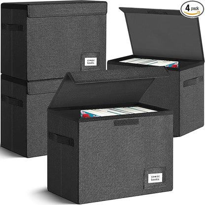 Leffis 4 Pack Comic Book Storage, Collapsible and Stackable Comic Short Box, Moistureproof Comic Box with Lid and Label Slot 15.5" X 7.5" X 11.3" Holds 150 Comics