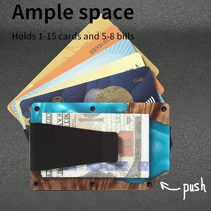 Minimalist Slim Wallet for Men,RFID Blocking Metal Wallet,Aluminum Credit Card Holder & Money Clip 12-15 Cards,Slim Rfid Front Pocket Mens Wallet,Resin Light Blue