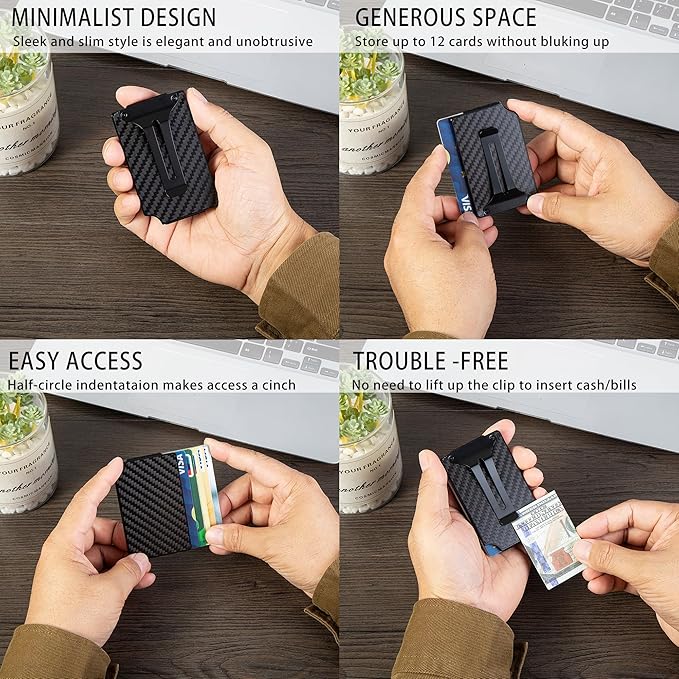 Minimalist Carbon Fiber Wallet for Men, Money Clip Cash Strap Wallet, RFID Blocking Metal Wallet Aluminum Card Holder,Front Pocket Wallet