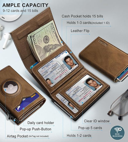 miyozi Airtag Wallet for Men,with Cash Pocket 2 ID Window 9-12 Cards,Metal Case Smart Slim Pop Up Credit Card Holder Flip with Magnetic Closure RFID Blocking Trifold wallet with Gift Box
