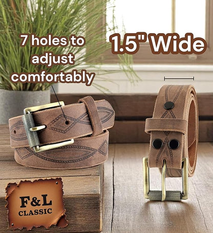 F&L CLASSIC Men's full Grain Vintage Distressed leather Belt,easy to change Roller buckle,1.5" Wide,USA,