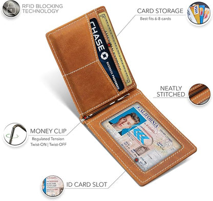 SERMAN BRANDS RFID Blocking Wallet Slim Bifold - Genuine Leather Minimalist Front Pocket Wallets for Men with Money Clip Gift