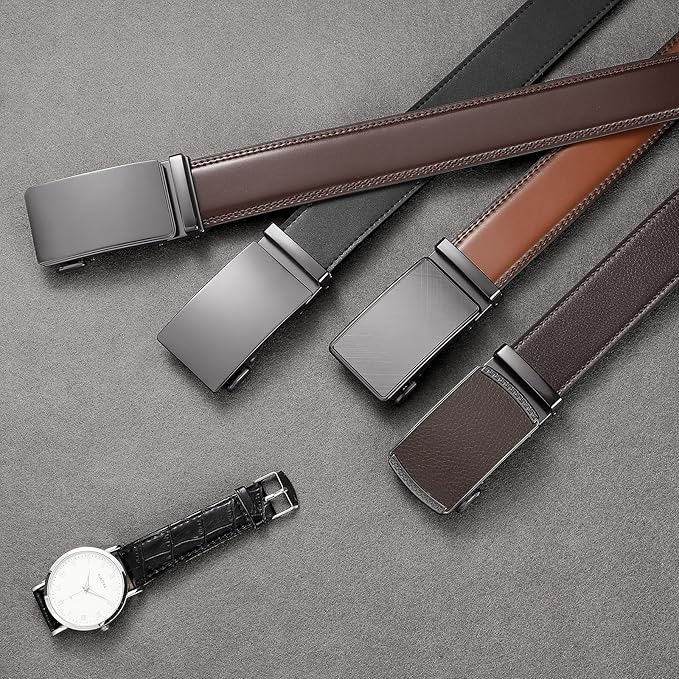 SENDEFN Men's Leather Belt Automatic Ratchet Buckle Slide Belt for Dress Casual Trim to Fit with Gift Box