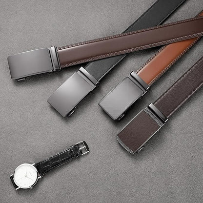 SENDEFN Men's Leather Belt Automatic Ratchet Buckle Slide Belt for Dress Casual Trim to Fit with Gift Box
