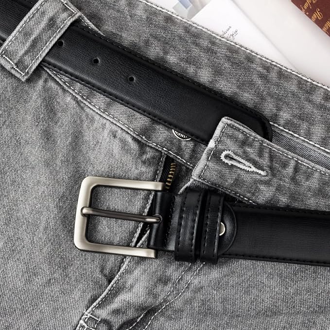 maikun Mens Black Leather Belt, Casual Dress Belts For Men, Classic Design Pin Buckle