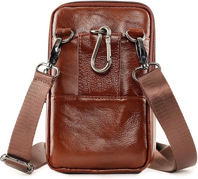 Leather Cell Phone Wallet Shoulder Holster,Hip Bum Pack Pouch Belt Pouch Bolso para Hombre Crossbody Bag for Men with Card Slots Compatible with iPhone (Brown)