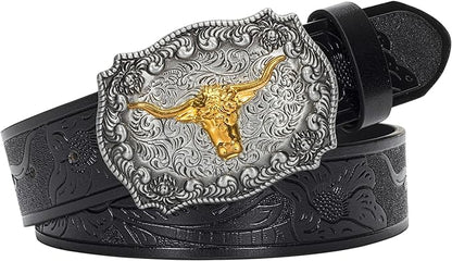 Western Cowboy-Belts for Men Big-Buckle Longhorn-Bull PU-Leather Rodeo Cowgirl-Belt Engraved Floral - Waist 25-38"