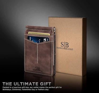 SERMAN BRANDS RFID Blocking Wallet Slim Bifold - Genuine Leather Minimalist Front Pocket Wallets for Men with Money Clip Gift