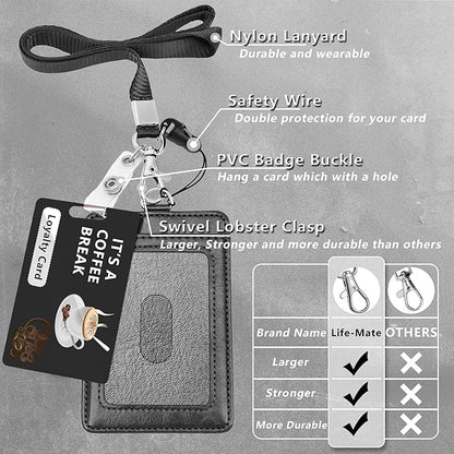 PU Leather ID Badge Holder, Life-Mate ID Badge Holder with 2 Thumb Slide Slots 1 Diagonal Slots Nylon Lanyard for ID Credit Card Business Card in Black (1 Pack)