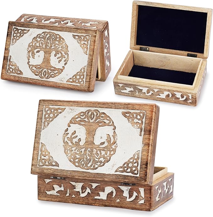 Ajuny Tree of Life Wooden Jewelry Box for Women & Men – Hand Carved Wooden Keepsake Box, Decorative Trinket Box Wood Treasure Chest Vintage Memory Storage Box Gift - 8X5 Inch