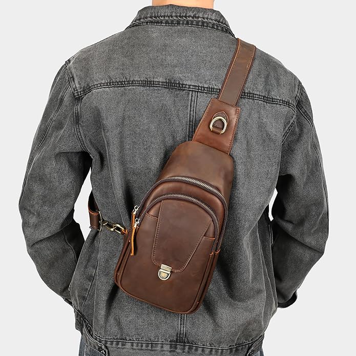 NIUCUNZH Genuine Leather Sling Bag Front Metal-Latch Crossbody Bags Handmade Vintage Chest Shoulder Backpack for Women Men