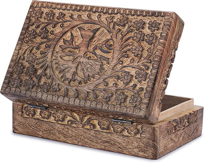 Ajuny Wooden Jewelry Box Tree of Life Carvings Travel Trinket Holder Storage Case Handmade Treasure Box Keepsake 8x5 Inch Multipurpose Organizer Unique Gifts for Men & Women