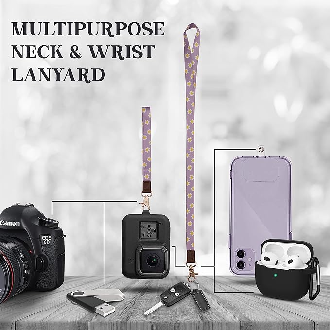 MONDO DESIGNS 2-in-1 ID Badge Holder & Lanyard Wallet - Multi-Use Womens Small Wallet with Removable Wristlet & Neck Lanyard, Clear Window, 5 Card Slots, Phone Holder, Ring Keychain - Purple Daisies