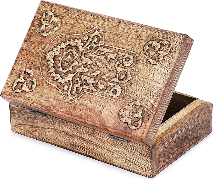 Ajuny Wooden Box with Hamsa Hand Carved Decorative Multipurpose Use Jewelry Organizer Travel Treasure Chest Trinket Holder Gift - 8 X 5 Inch