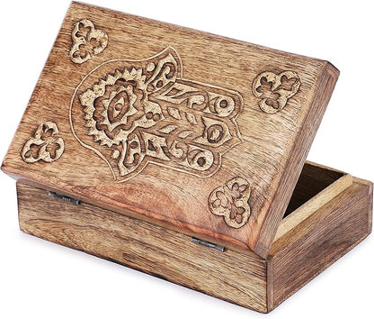 Ajuny Wooden Box with Hamsa Hand Carved Decorative Multipurpose Use Jewelry Organizer Travel Treasure Chest Trinket Holder Gift - 8 X 5 Inch