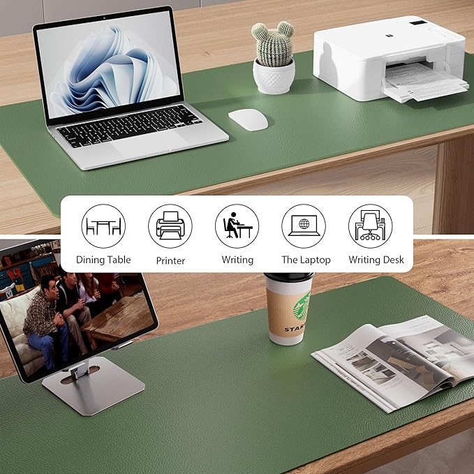 Aothia Faux Leather Desk Mat - Non-Slip PU Leather Desk Blotter, Waterproof Writing Surface, Large Desk Pad for Office & Home (Olive Green, 55" x 24")