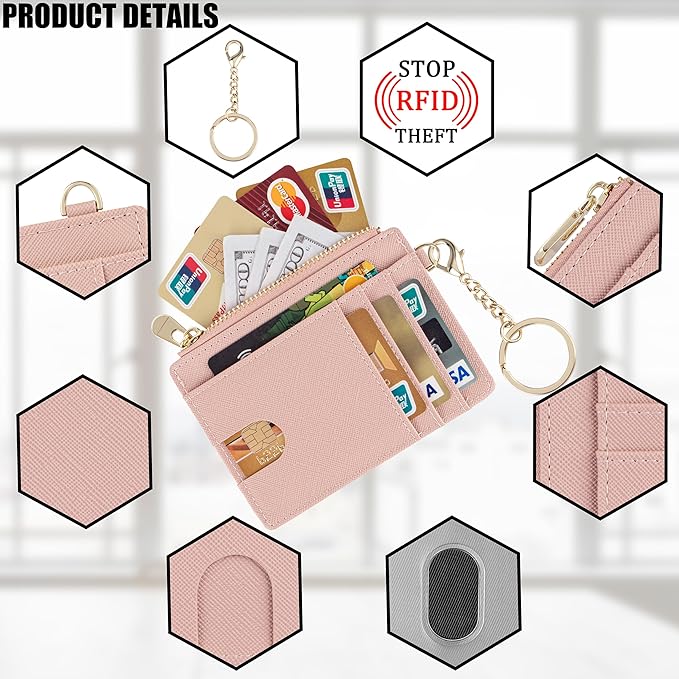 Suweibuke Slim Pocket Wallet, RFID Blocking Credit Card Holder Wallet with D-Shackle ID Window and Detachable keychain for Women (A-Coral Pink)
