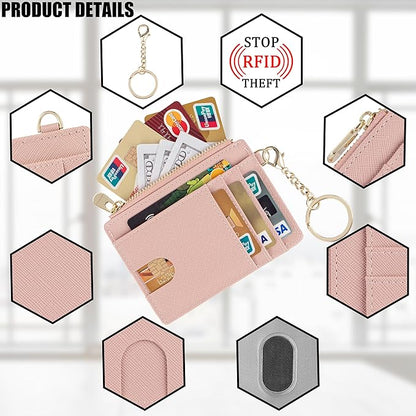 Suweibuke Slim Pocket Wallet, RFID Blocking Credit Card Holder Wallet with D-Shackle ID Window and Detachable keychain for Women (A-Coral Pink)
