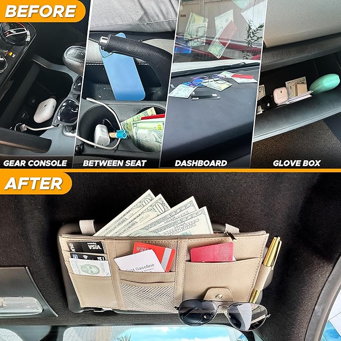 EcoNour Car Sun Visor Organizer (Beige) | Multi-Pocket Net Zipper Case for Cash, Card, Pen & Sunglass | Visor Organizer Storage Pouch | Interior Accessories with Pocket for Car & Truck | Small