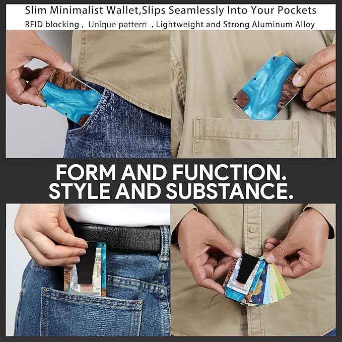 Minimalist Slim Wallet for Men,RFID Blocking Metal Wallet,Aluminum Credit Card Holder & Money Clip 12-15 Cards,Slim Rfid Front Pocket Mens Wallet,Resin Light Blue