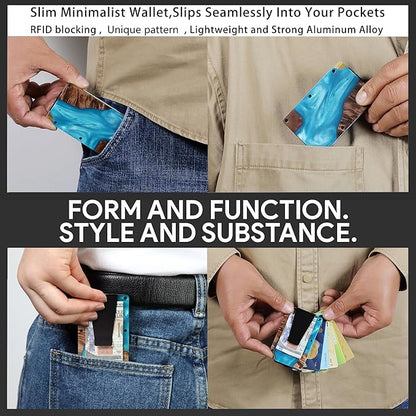 Minimalist Slim Wallet for Men,RFID Blocking Metal Wallet,Aluminum Credit Card Holder & Money Clip 12-15 Cards,Slim Rfid Front Pocket Mens Wallet,Resin Light Blue