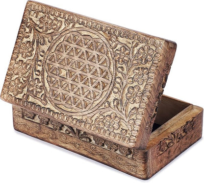 Ajuny Wooden Hand Carved Jewelry Box - Mango Wood Celtic Flower Carving Decorative Keepsake Box, Memory Box Organizer Travel Treasure Chest Trinket Holder Case Great Gifts 8x5 Inch