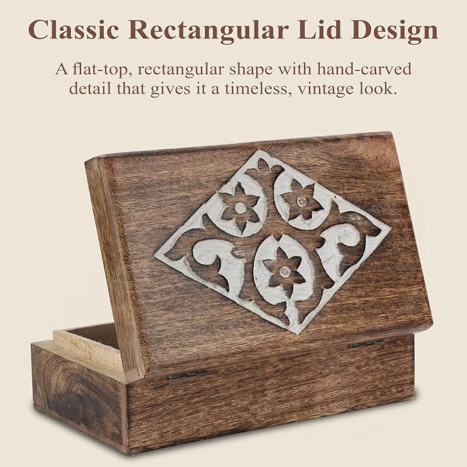 Ajuny Wooden Jewelry Box floral and Diamond Carvings Handmade Decorative Brown and White Storage Box Multipurpose Organizer Trinket Holder Case Unique Gifts for Men & Women
