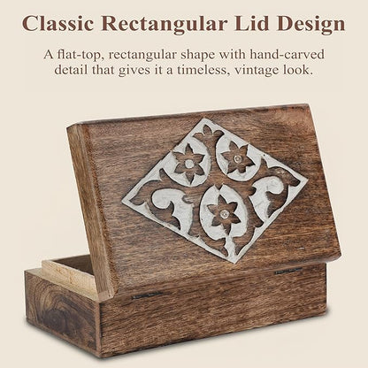 Ajuny Wooden Jewelry Box floral and Diamond Carvings Handmade Decorative Brown and White Storage Box Multipurpose Organizer Trinket Holder Case Unique Gifts for Men & Women