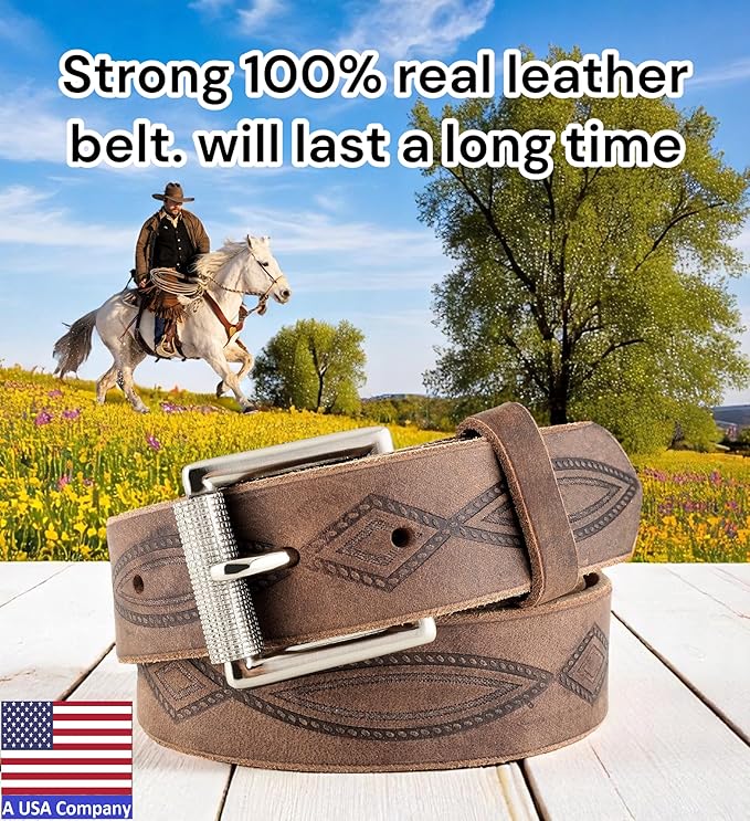 F&L CLASSIC Men's full Grain Vintage Distressed leather Belt,easy to change Roller buckle,1.5" Wide,USA,