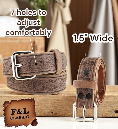 F&L CLASSIC Men's full Grain Vintage Distressed leather Belt,easy to change Roller buckle,1.5" Wide,USA,