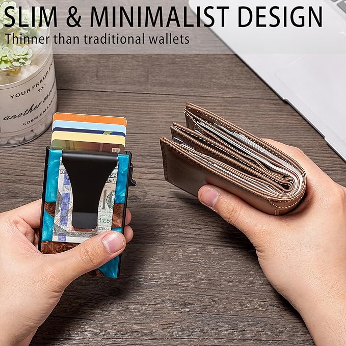 Slim Aluminum Wallet for Men, RFID Blocking Minimalist Matel Pop Up Card Holder Wallet, Holds 8+ Cards,Durable Removable Money Clip & Money Pocket(Resin Light Blue Wood)