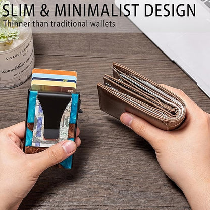 Slim Aluminum Wallet for Men, RFID Blocking Minimalist Matel Pop Up Card Holder Wallet, Holds 8+ Cards,Durable Removable Money Clip & Money Pocket(Resin Light Blue Wood)