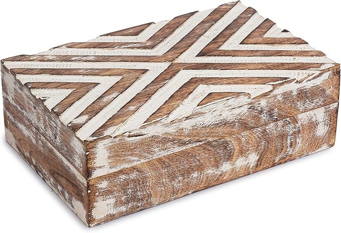 Ajuny Handmade Wooden Box – Hand Carved Line Design Keepsake Box, Decorative Jewelry Organizer Treasure Chest, Memory Storage Boxes Gift for Men and Women, 8x5 Inch