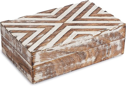 Ajuny Handmade Wooden Box – Hand Carved Line Design Keepsake Box, Decorative Jewelry Organizer Treasure Chest, Memory Storage Boxes Gift for Men and Women, 8x5 Inch