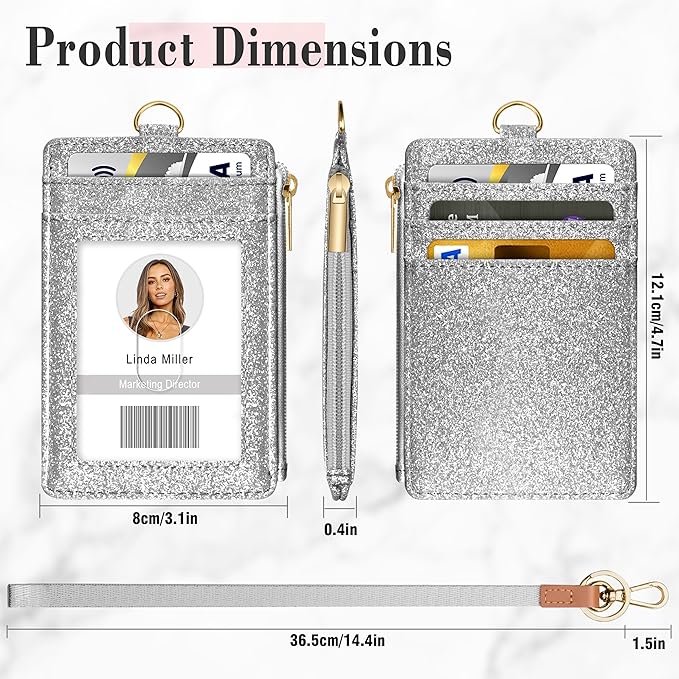 ID Badge Holder with Lanyard, Vertical Bling Shiny ID Badge Card Holder with 1 Clear ID Window, 4 Credit Card Slots, 1 Cash Coin Slot and a Detachable Neck Lanyard (Bling Silver)