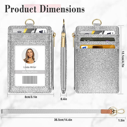 ID Badge Holder with Lanyard, Vertical Bling Shiny ID Badge Card Holder with 1 Clear ID Window, 4 Credit Card Slots, 1 Cash Coin Slot and a Detachable Neck Lanyard (Bling Silver)