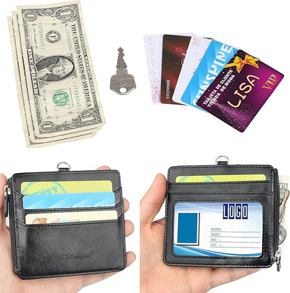 Badge Holder with Zip, Wisdompro 2-Sided PU Leather ID Badge Holder with 1 ID Window, 4 Card Slots, 1 Side Zipper Pocket and 1 piece 20 Inch Leather Neck Lanyard Strap - Black (Horizontal)