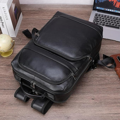 Masa Kawa Black Leather Laptop Backpack for Men Fits 16” 15.6” Computer, Business Travel Work Large Daypack Camping Weekender Bag