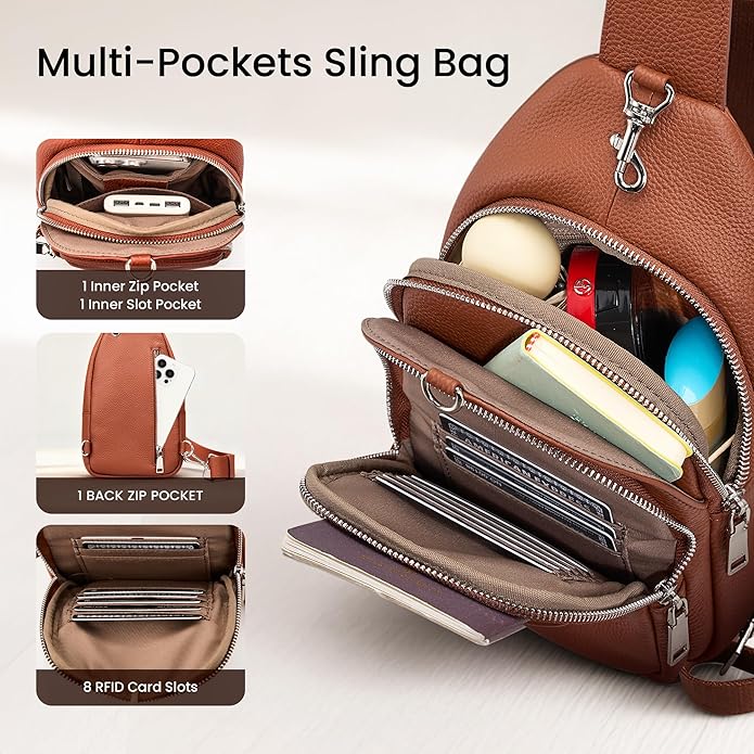 befen Genuine Leather Small Sling Bag for Women Anti-Theft Crossbody Chest Bags Multi-Pockets Fanny Pack with RFID Card Slots