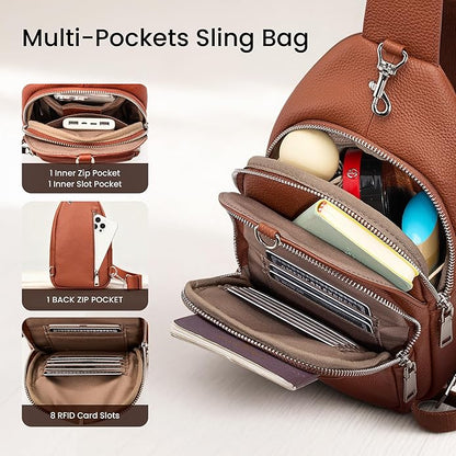 befen Genuine Leather Small Sling Bag for Women Anti-Theft Crossbody Chest Bags Multi-Pockets Fanny Pack with RFID Card Slots