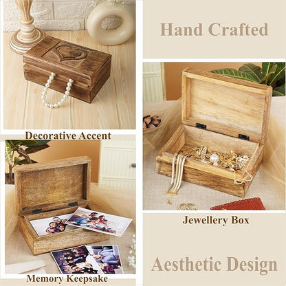 Ajuny Wooden Decorative Jewelry Box with Heart Design Carving - Multipurpose Treasure Chest Storage Keepsake Box Necklaces Watch Organizer Boxes Birthday Gifts for Women & Men 8x5 Inch