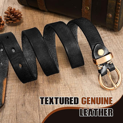 SANSTHS Womens Genuine Leather Belts for Jeans Pants Trendy Vintage Thin Leather Belt Gold Buckle Ladies Skinny Waist Belt