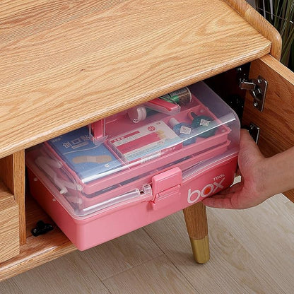 Kinsorcai 12'' Three-Layer Clear Plastic Storage Box with Handle, Craft Tool Box, 3 Layer Pink Tackle Box for Women, Organizer Box for Sewing Art and Cosmetic (Pink)