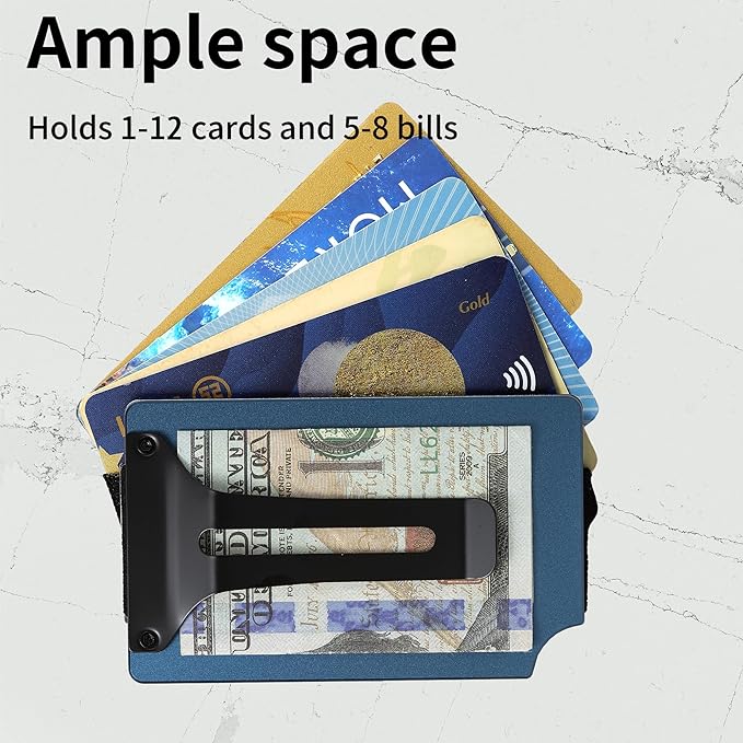 Minimalist Carbon Fiber Wallet for Men, Money Clip Cash Strap Wallet, RFID Blocking Metal Wallet Aluminum Card Holder,Front Pocket Wallet(Matte Blue)