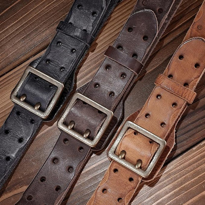 Handcrafted Vintage Style Leather Belt, Brown Full-Grain Leather, Brass Buckle, Double Stitched Design, Casual Wear